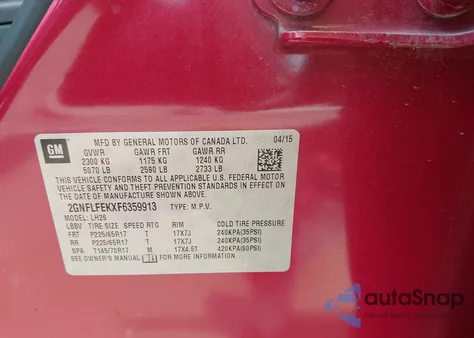 2015 Chevrolet Equinox 1Lt from USA, damaged, VIN 2GNFLFEKXF6359913